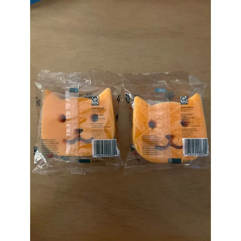 New 2pk Limited Edition Scotch Brite Sponges Non Scratch Two Sided Orange Cat
